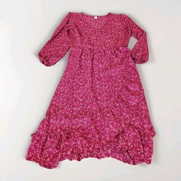 Old Navy Faux Wrap Dress Women L Wine LS Midi Lined Ruffles Dainty Floral Boho - Picture 9 of 16